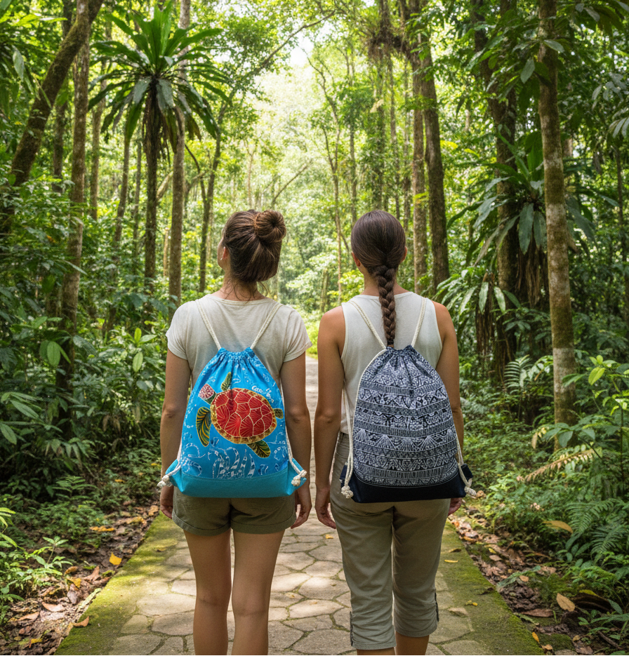 Dos mujeres de espaldas caminando en parque nacional con bolsos