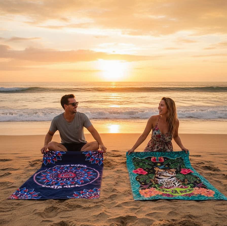 Grupo extendiendo tres pareos diferentes para ver atardecer en Playa Grande