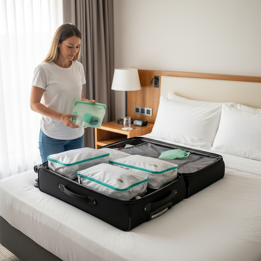 Mujer empacando con kits de viaje