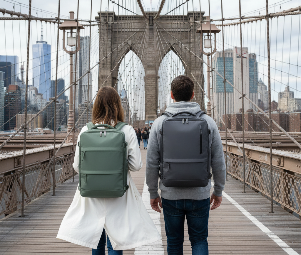 Pareja en el puente de Brooklyn con gabardina blanca